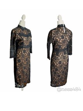Polagram Black Lace Mock Neck Sheath Dress Small